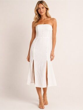 Lani The Label White Strapless Midi Dress XS Button Slit Corset